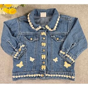 Vintage Y2K Girls Blue Denim Jacket Butterfly Daisy Floral Trim Bows Size 24m